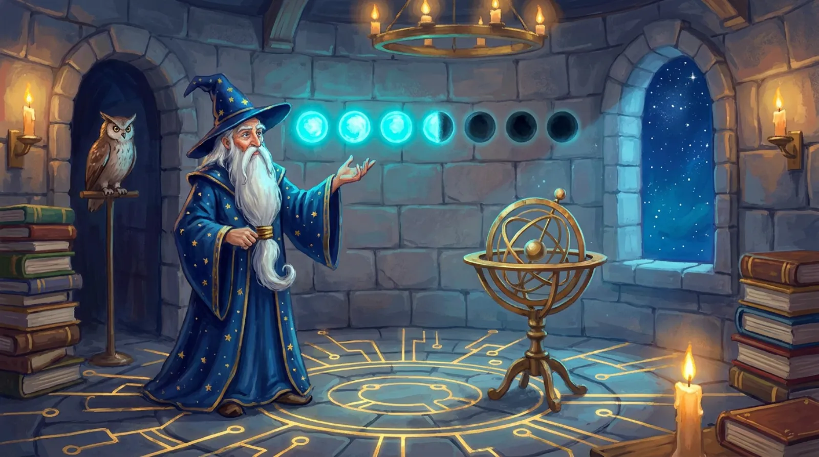 A white-bearded wizard in a star-speckled blue robe stands in a stone tower observatory, gesturing at a floating row of glowing cyan orbs, some lit and some dark, above gold circuit lines etched into the floor; an owl, a brass orrery and a starry window keep him company.